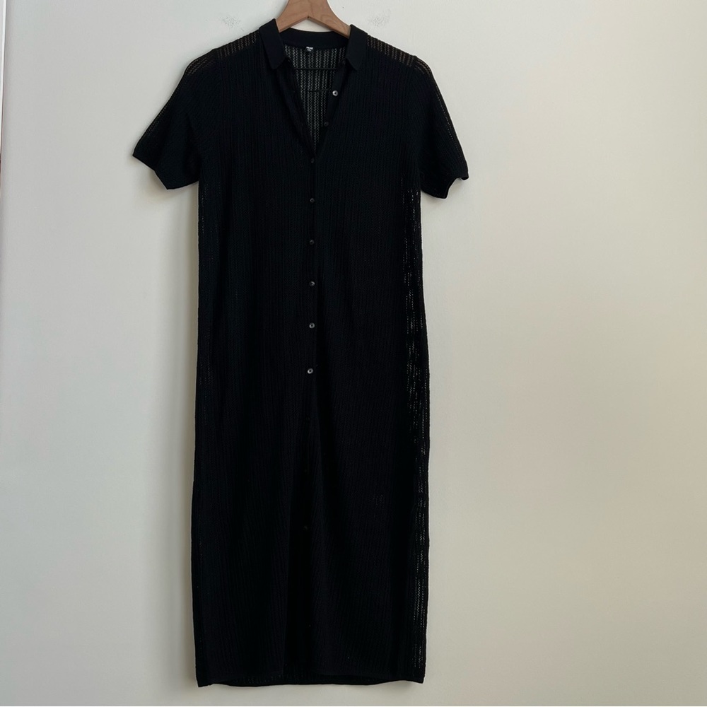 UNIQLO Lace Knit Dress Wool A-line Button Down Black  XS Open Knit midi collared - Picture 5 of 14